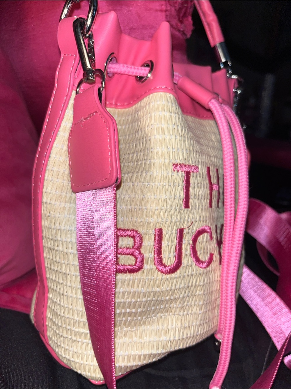 The Bucket Pink Straw Bucket Bag with Pink Trim - Picture 4 of 4